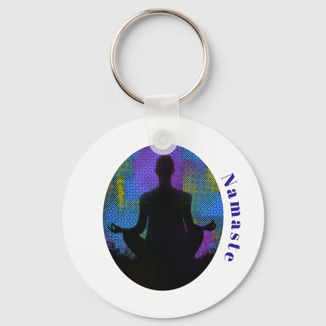 Spiritual Patchwork Sitting Yoga Pose Namaste Key Ring (Front)