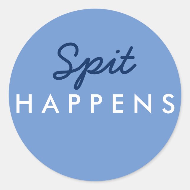 "Spit Happens" Baby Shower Sticker Navy Blue White (Front)