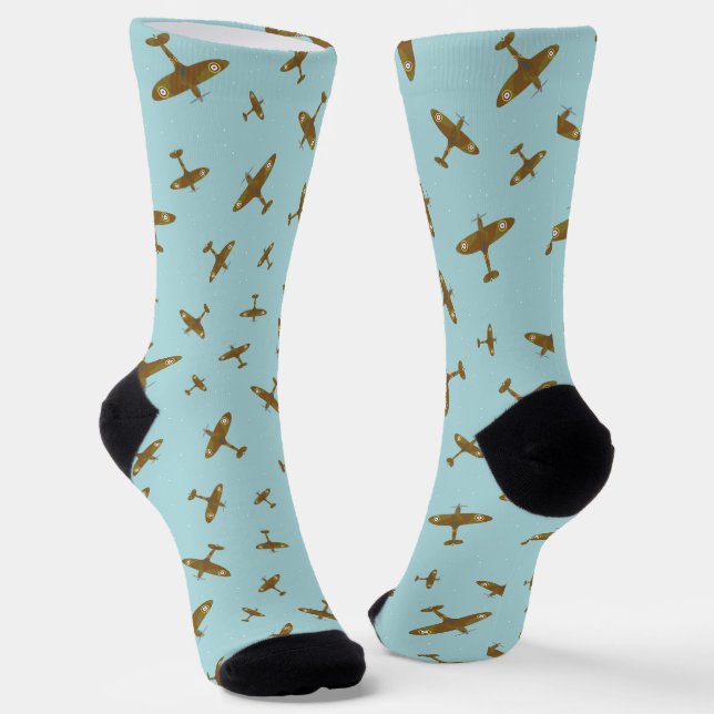 Spitfire Aeroplanes Aviation Themed Blue Socks (Angled)