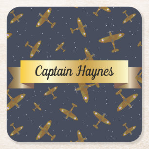 Spitfire Aeroplanes on Navy Blue Gold Scroll Square Paper Coaster