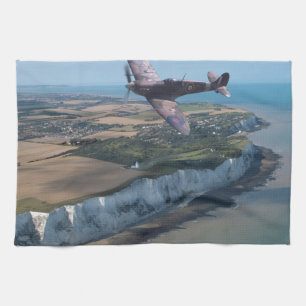 Spitfire over the English coast. Tea Towel