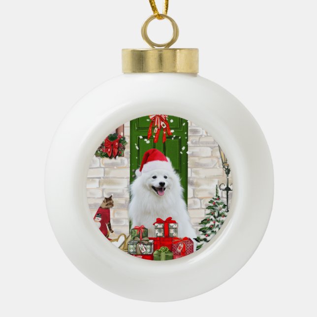 Spitz Dog Christmas  Ceramic Ball Christmas Ornament (Front)