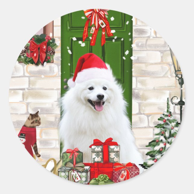 Spitz Dog Christmas  Classic Round Sticker (Front)