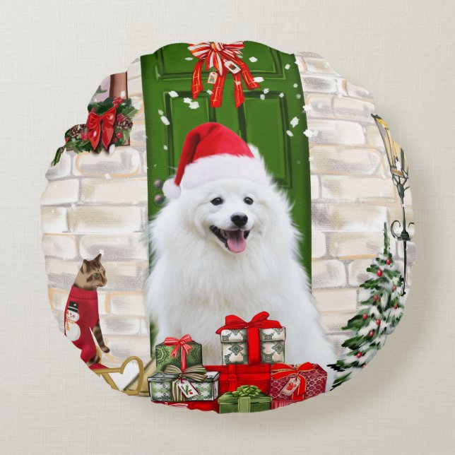 Spitz Dog Christmas  Round Cushion (Front)