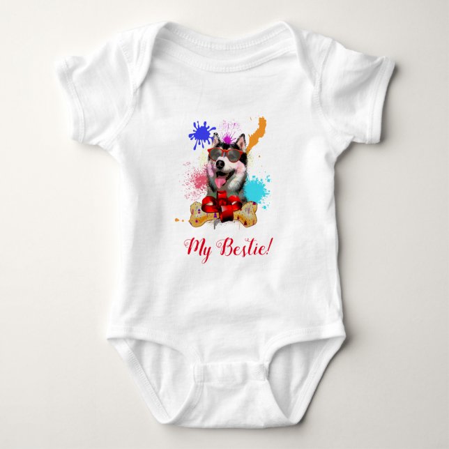 Splash Art Cute Siberian Husky Dog Baby Bodysuit (Front)
