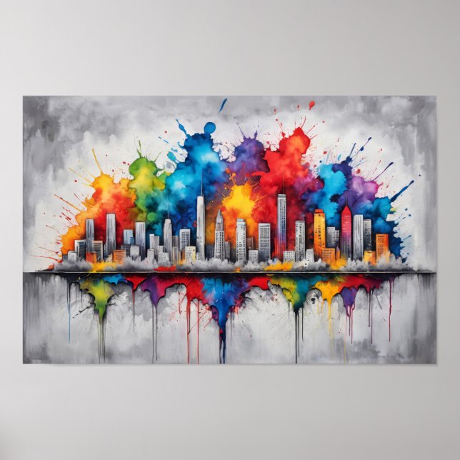 Splash ink drawing with skyscraper skyline poster (Front)