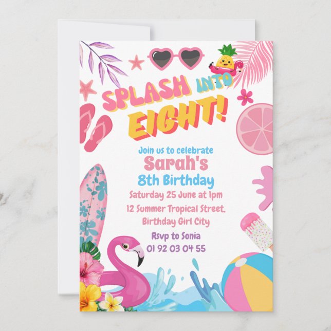 Splash Into Eight Retro 8th Pool Birthday Party Invitation (Front)