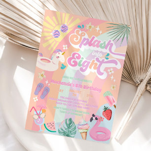 Splash Into Eight Summer Rainbow Sun 8th Birthday  Invitation