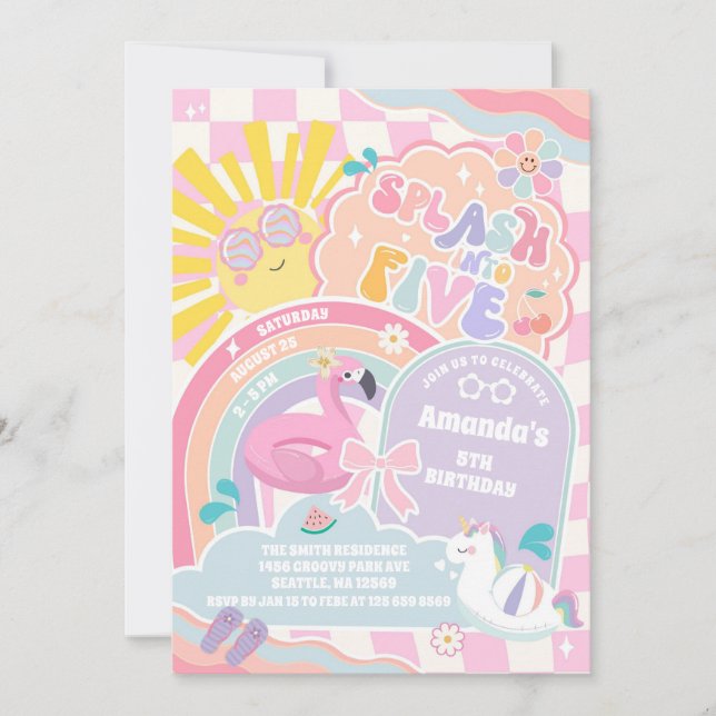 Splash Into Five Cloud Rainbow Disco 5th Birthday  Invitation (Front)