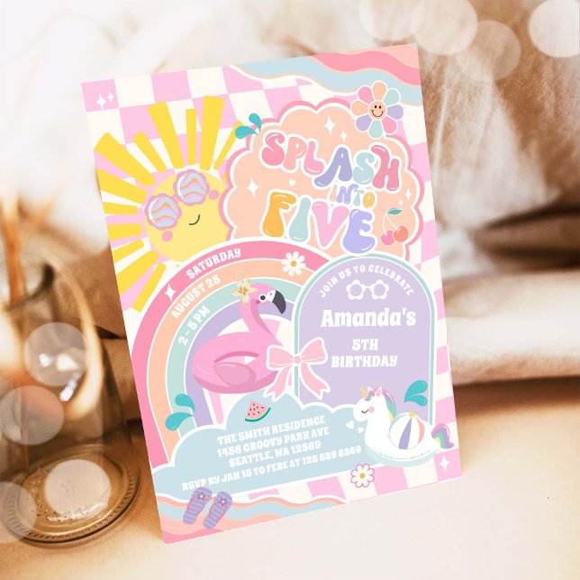 Splash Into Five Cloud Rainbow Disco 5th Birthday  Invitation (Creator Uploaded)