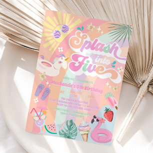 Splash Into Five Summer Rainbow Sun 5th Birthday  Invitation