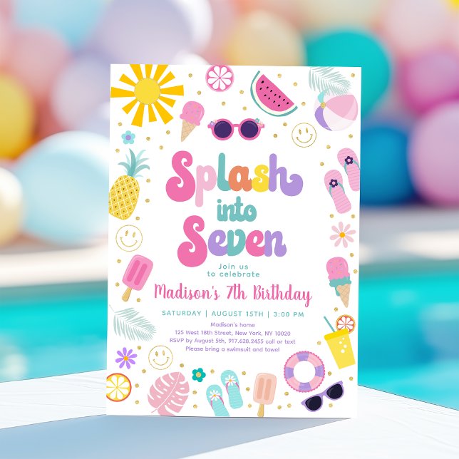 Splash into Seven Girl Pool Party Summer Birthday Invitation (Creator Uploaded)