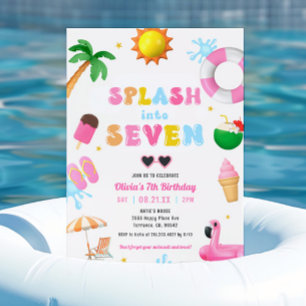 Splash Into Seven Pool Party Girl 7th Birthday Invitation