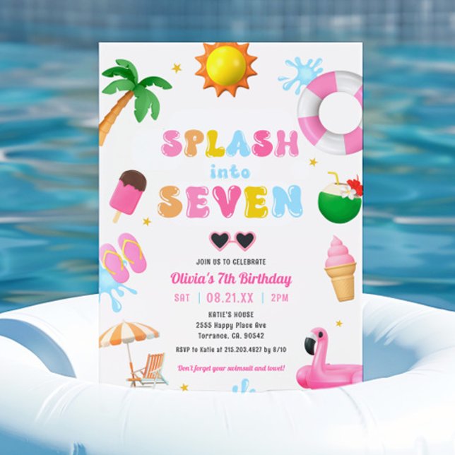 Splash Into Seven Pool Party Girl 7th Birthday  Invitation (Creator Uploaded)