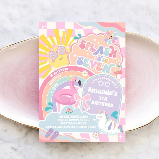 Splash Into Seven Pool Party Rainbow 7th Birthday  Invitation (Creator Uploaded)