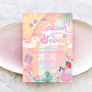 Splash Into Seven Summer Rainbow Sun 7th Birthday Invitation
