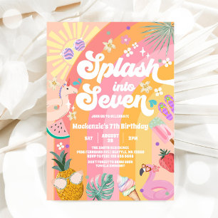 Splash Into Seven Summer Rainbow Sun 7th Birthday Invitation