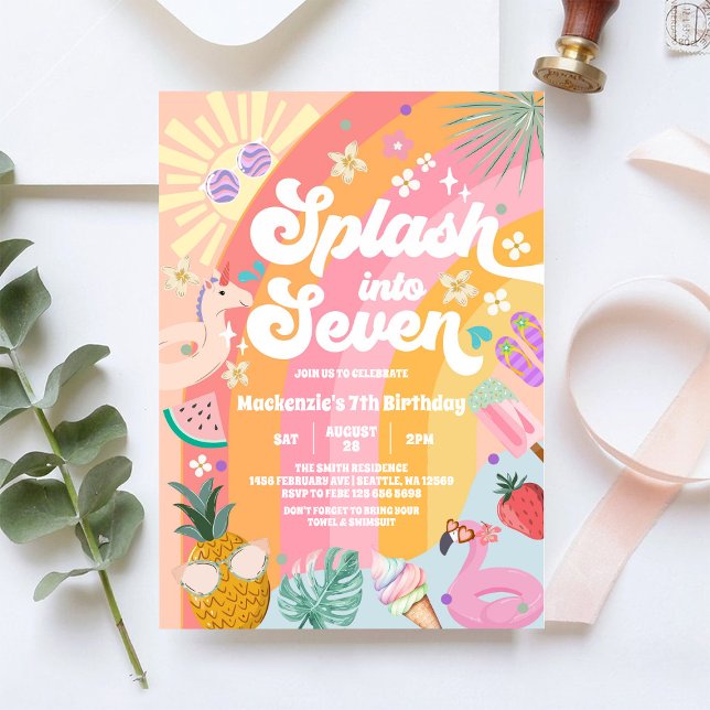 Splash Into Seven Summer Rainbow Sun 7th Birthday Invitation (Creator Uploaded)