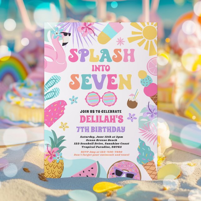 Splash Into Seven Tropical Beach 7th Birthday Invitation (Creator Uploaded)