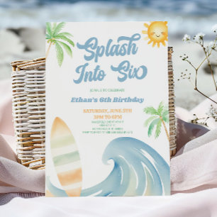 Splash Into Six Beach Surf Blue 6th Birthday Party Invitation