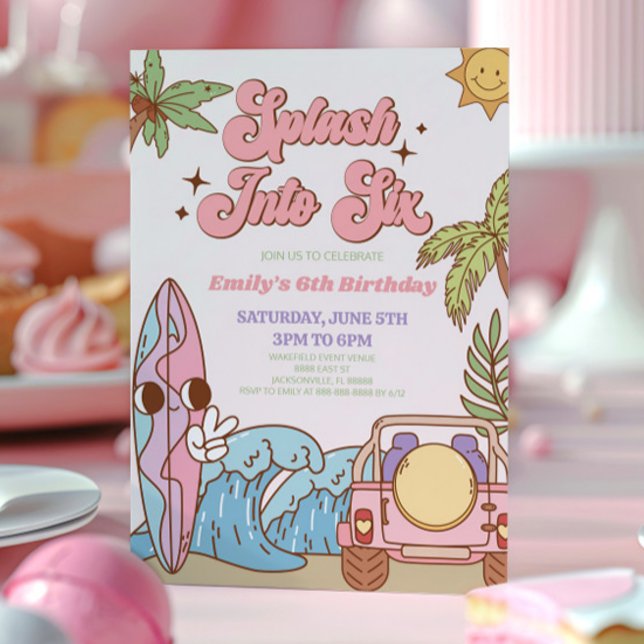 Splash Into Six Groovy Retro 6th Birthday Party Invitation (Creator Uploaded)