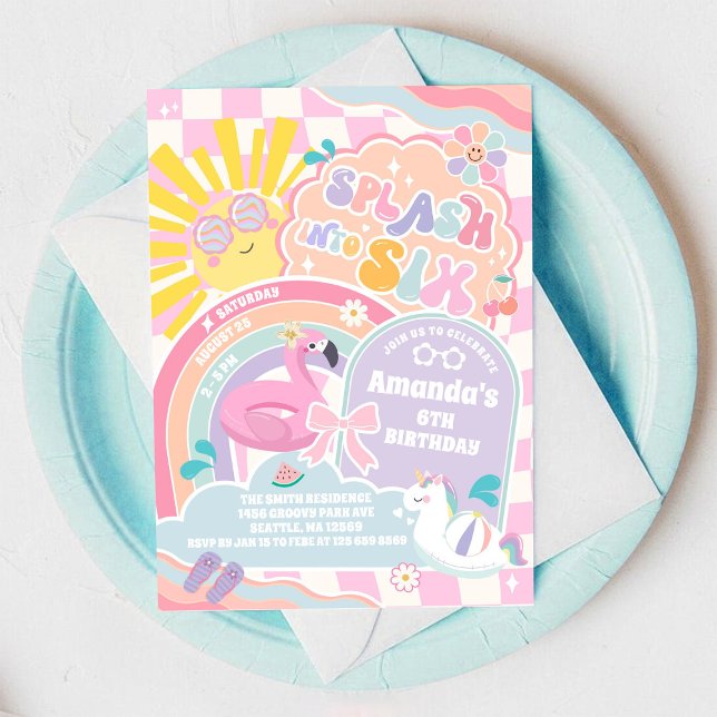 Splash Into Six Rainbow Sun 6th Birthday  Invitation (Creator Uploaded)