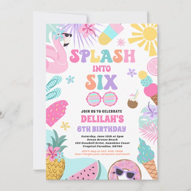 Splash Into Six Tropical Beach 6th Birthday Party Invitation (Front)