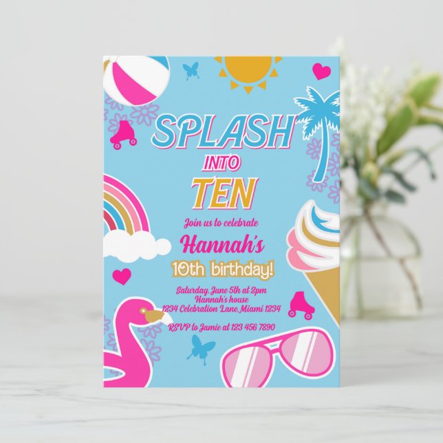 Splash into Ten Pool Party Birthday Girl summer Invitation (Standing Front)