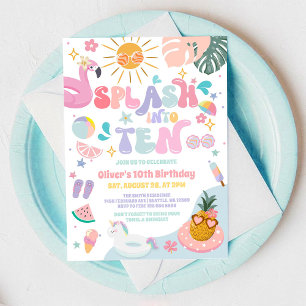 Splash Into Ten Pool Party Summer 10th Birthday  Invitation