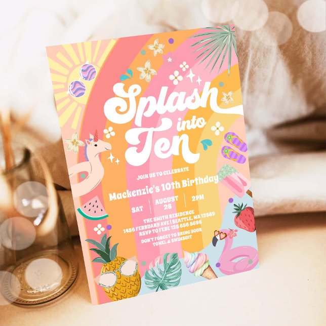 Splash Into Ten Summer Rainbow Sun 10th Birthday  Invitation (Creator Uploaded)