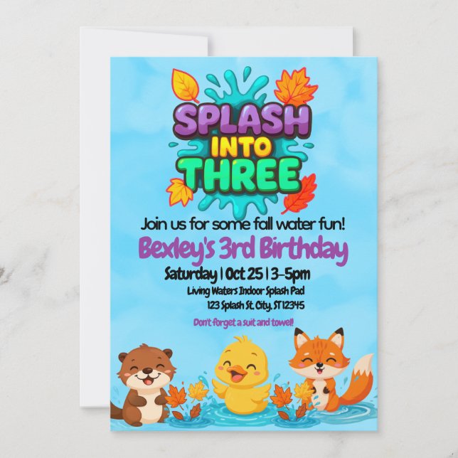 Splash Into Three Fall Water Fun birthday  Invitation (Front)