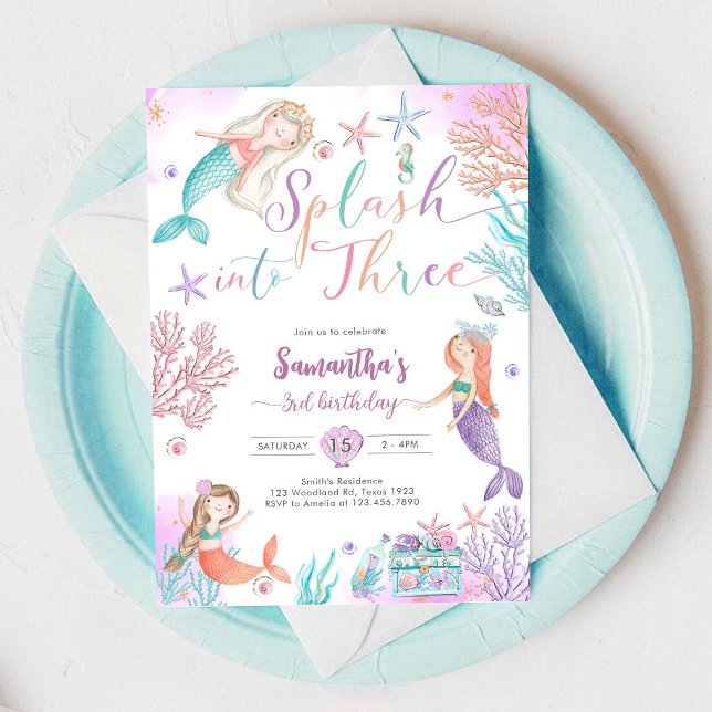 Splash Into Three Mermaid Under The Sea Birthday Invitation (Creator Uploaded)