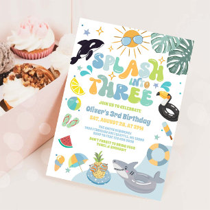Splash Into Three Pool Party Summer 3rd Birthday  Invitation
