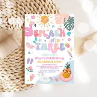 Splash Into Three Pool Party Summer 3rd Birthday Invitation
