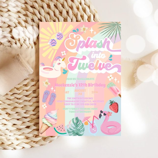 Splash Into Twelve Summer Rainbow Sun 12th Bday Invitation (Creator Uploaded)