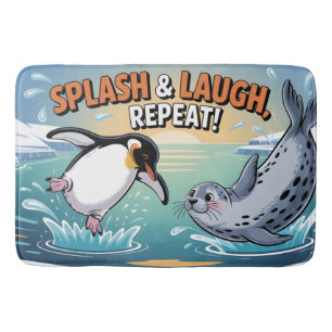 "Splash & Laugh" Whimsical Arctic Penguin and Seal Bath Mat