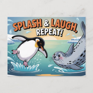 "Splash & Laugh" Whimsical Arctic Penguin and Seal Holiday Postcard