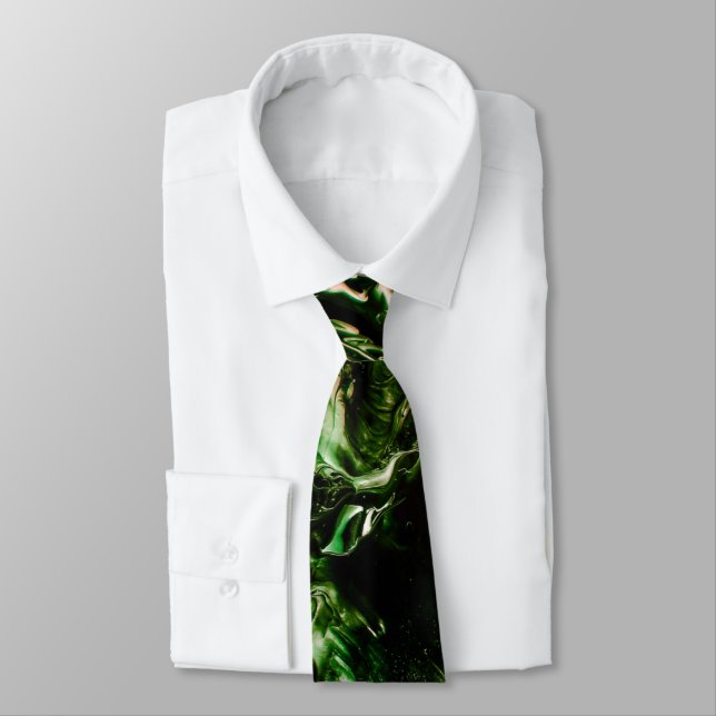 Splash of Poison Dark Green & Beige Waves Tie (Tied)