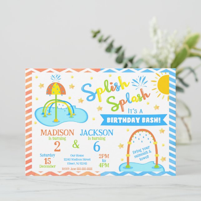 Splash Pad Joint Birthday Invitation | Water Park (Standing Front)