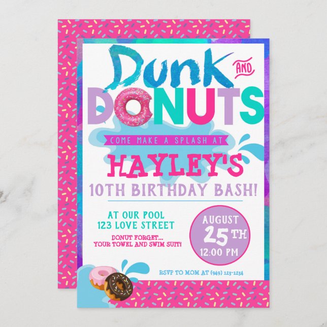 Splash Pool Dunk n Doughnut with Sprinkles Party Invitation (Front/Back)