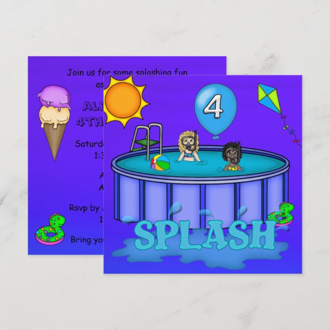 "Splash" Pool Party 4th Birthday Invitation (Front/Back)