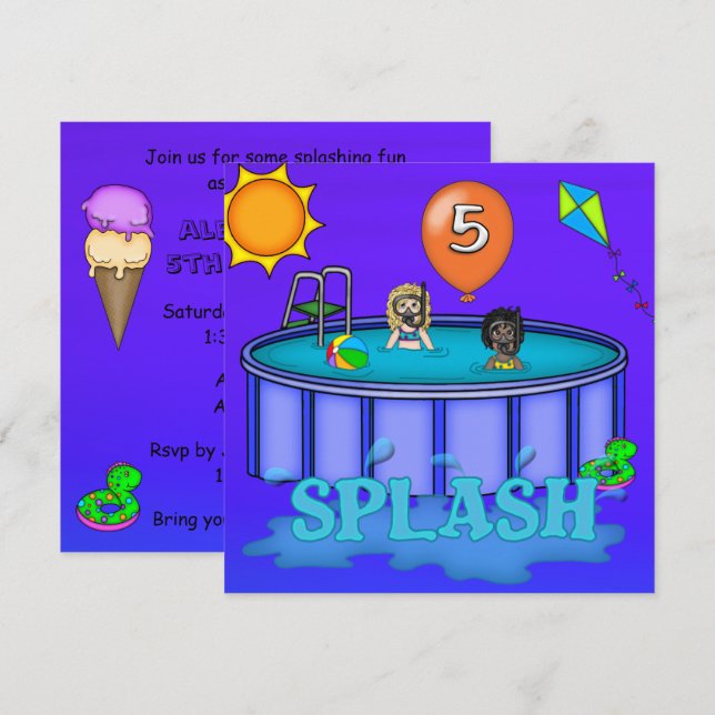 "Splash" Pool Party 5th Birthday Invitation (Front/Back)