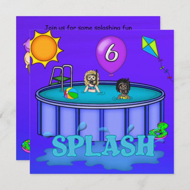 "Splash" Pool Party 6th Birthday Invitation (Front/Back)