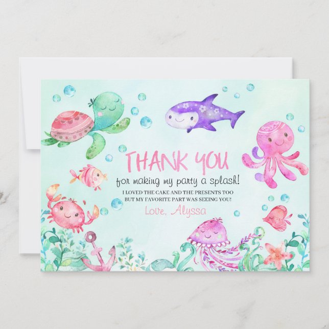 Splash Under The Sea Birthday Thank You Card (Front)