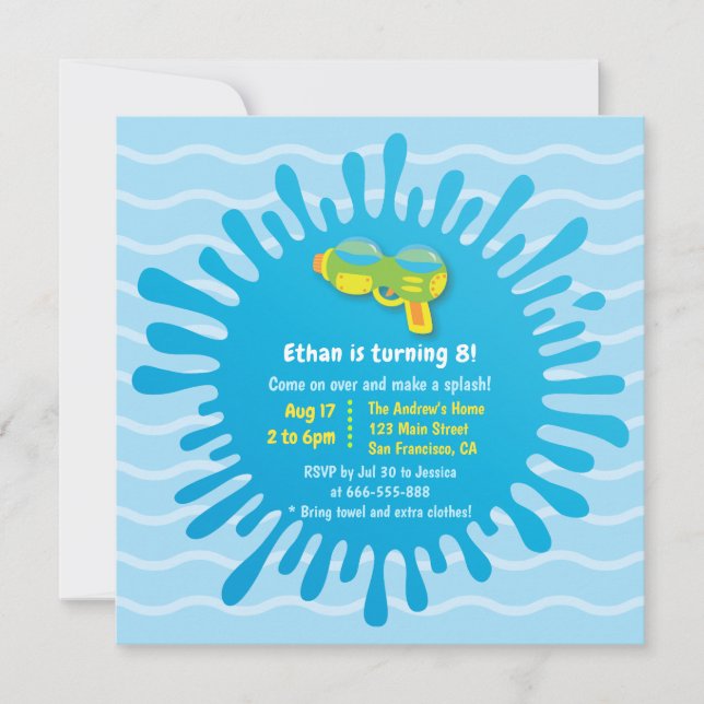 Splash Water Gun Boys Birthday Party Invitations (Front)
