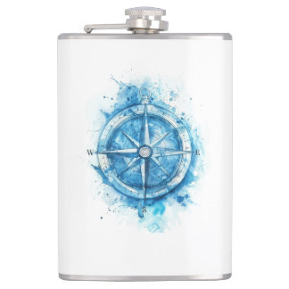 Splashed Compass - blue artistic water colour Hip Flask
