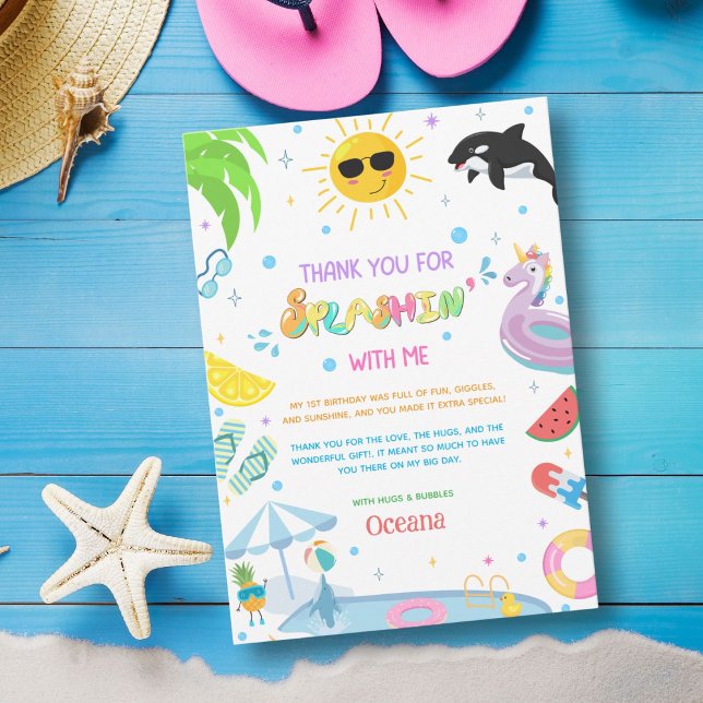 Splashin' into one first birthday pool party thank you card (Creator Uploaded)