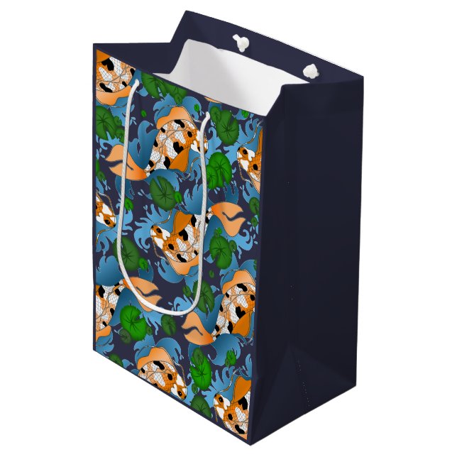 Splashing Asian Carp Koi Fish Pond Lilies Medium Gift Bag (Front Angled)