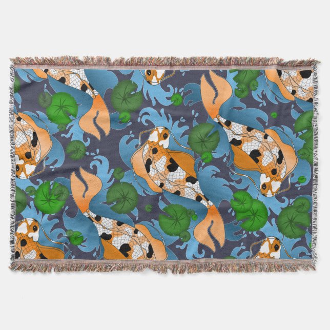 Splashing Asian Koi Fish Pond Lily Throw Blanket (Front)