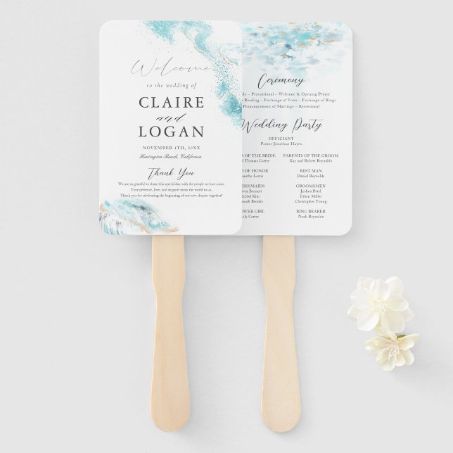 Splashing Blue Waves Coastal Wedding Program Hand Fan (Front and Back)